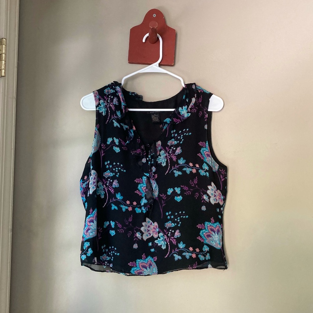 Anne Carson Beautiful Black & Blue Floral 100% Silk Tank Top M